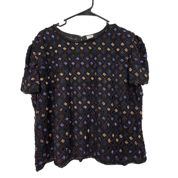 VINTAGE 1XL PLUS SIZE BEADED EMBROIDERED SHORT SLEEVE CREW NECK BLOUSE - Picture 1 of 4